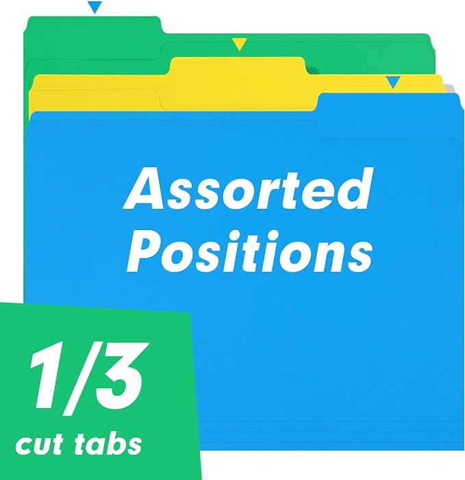 File Folder, RAZCC 100 Pack 1/3 Cut Tab Colored File Folders, File Folder Letter Size for Office Classroom Use, Assorted 5 Colors Folders with Tabs