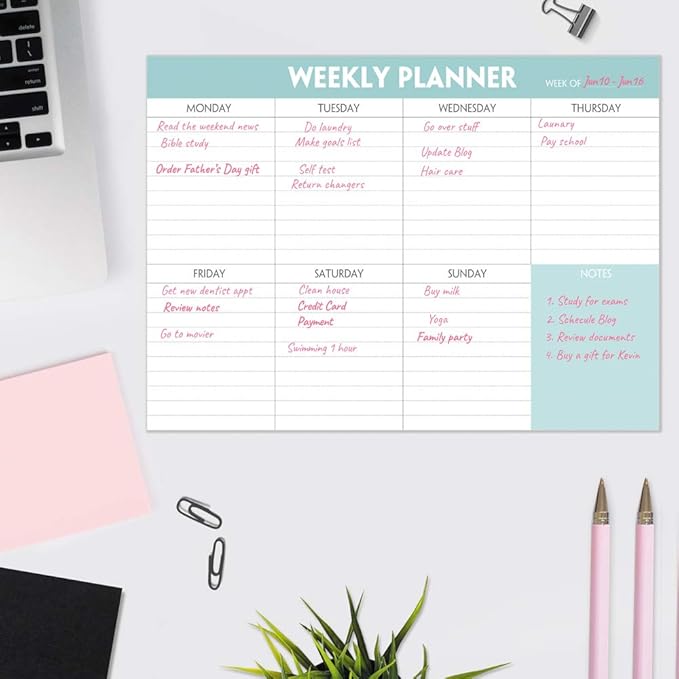 Weekly Planner Notepad - Tear Off Planning Pad with Daily Schedule & Calendar, 52 Sheets, 100gsm Paper, Undated Weekly To Do List Notepad, 10x7 in