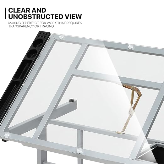 MoNiBloom Drafting Table on Wheels with Storage & Side Tray - Adjustable 0-65° Glass Tabletop, Replaceable Feet Art Desk