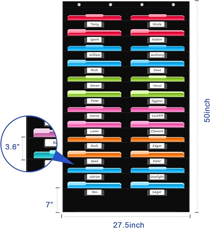 REGELETO 24 Pockets File Storage Pocket Chart with 24 Nametag Pockets, Hanging Wall File Organizer for Classroom and Office, Organize Your Assignments, Files, Scrapbooks, Paper (Black-24 pockets)
