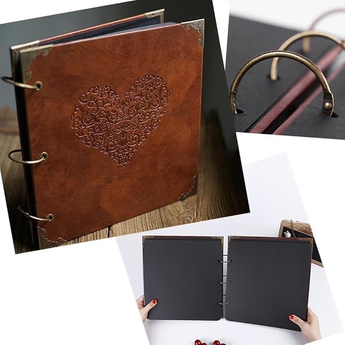 Photo Album or DIY Scrapbook (10x10 inch 50 Pages Double Sided), Vintage Leather Cover Three-Ring Binder Picture Booth Albums with 9 Colors 408pcs Self Adhesive Photos Corners for Memory Keep