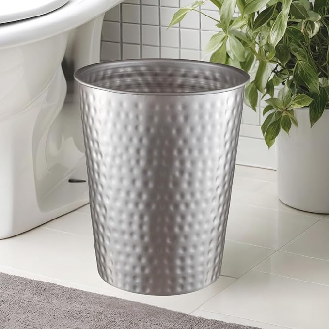 Monarch Abode Pewter Hand Hammered Metal Wastebasket for Home Office Bedroom, Decorative Waste Basket, Modern Bathroom Garbage Can, Durable & Decorative Trash Bin, Pewter Bathroom Trash Can