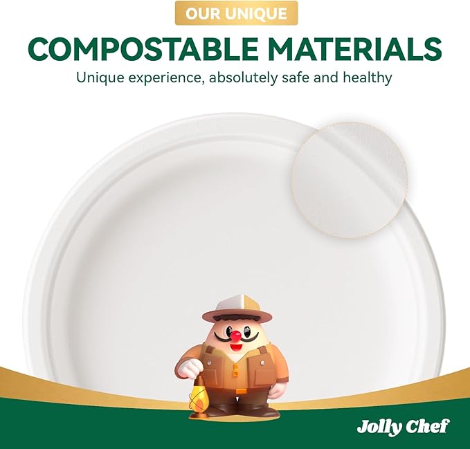 JOLLY CHEF Compostable Heavy Duty Plates 𝟭𝟬 𝗜𝗻𝗰𝗵 [𝟱𝟬𝟬 𝗣𝗮𝗰𝗸] Eco-Friendly Disposable White Paper Plates Made of Bagasse Biodegradable Bulk for Party Dinner Sugarcane Thanksgiving Day