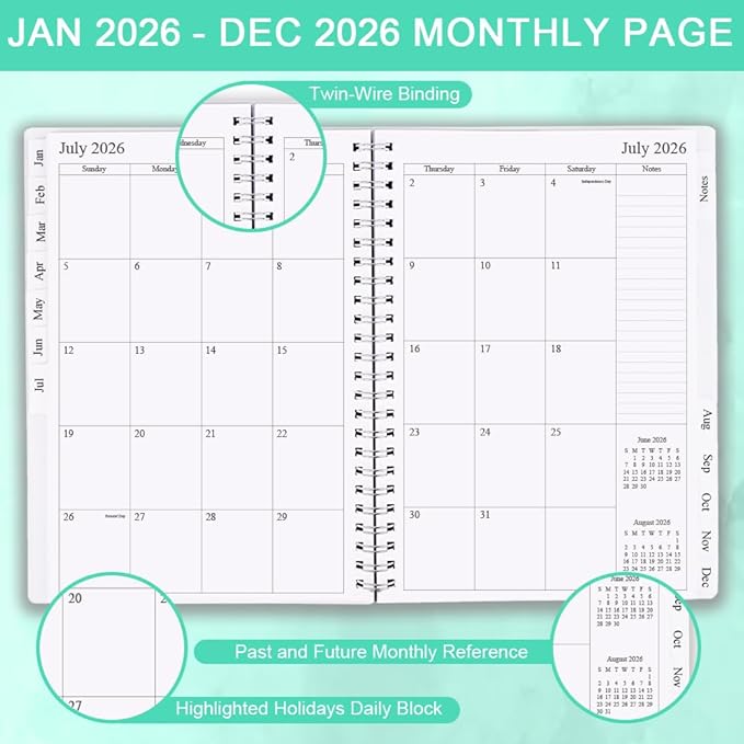 2026 Planner - Monthly Planner Runs January 2026 to December 2026, 6.25" x 8.25", 12 Monthly Tabs, 14 Notes Page, Inner Pocket, Flexible Cover with Twin-Wire Binding, Planners 2026, Teal