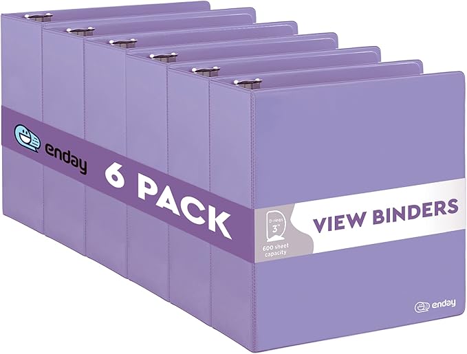 3 Slant D-Ring Binder 3 Inch Purple, 3 in Clear View Cover with 2 Inside Pockets Binder, Heavy Duty Colored School Supplies Binders,Also Available in Green, Grey, Red, Blue, Pink (6 PC) – by Enday