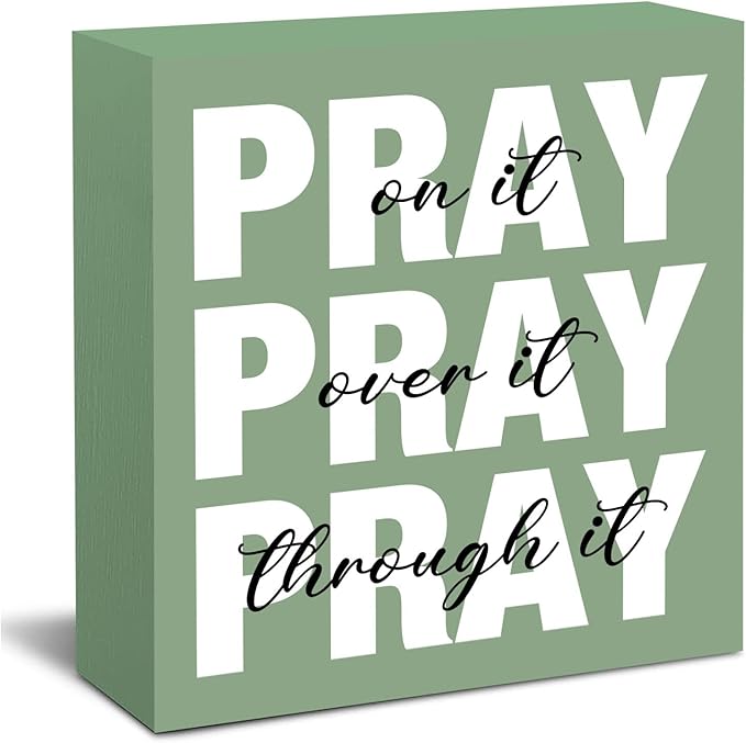 Sage Green Office Desk Accessories Decor Sign Inspirational Green Wooden Box Gift for Women - Pray on It Wooden Plaque for Christian - Bible Verse Wall Art