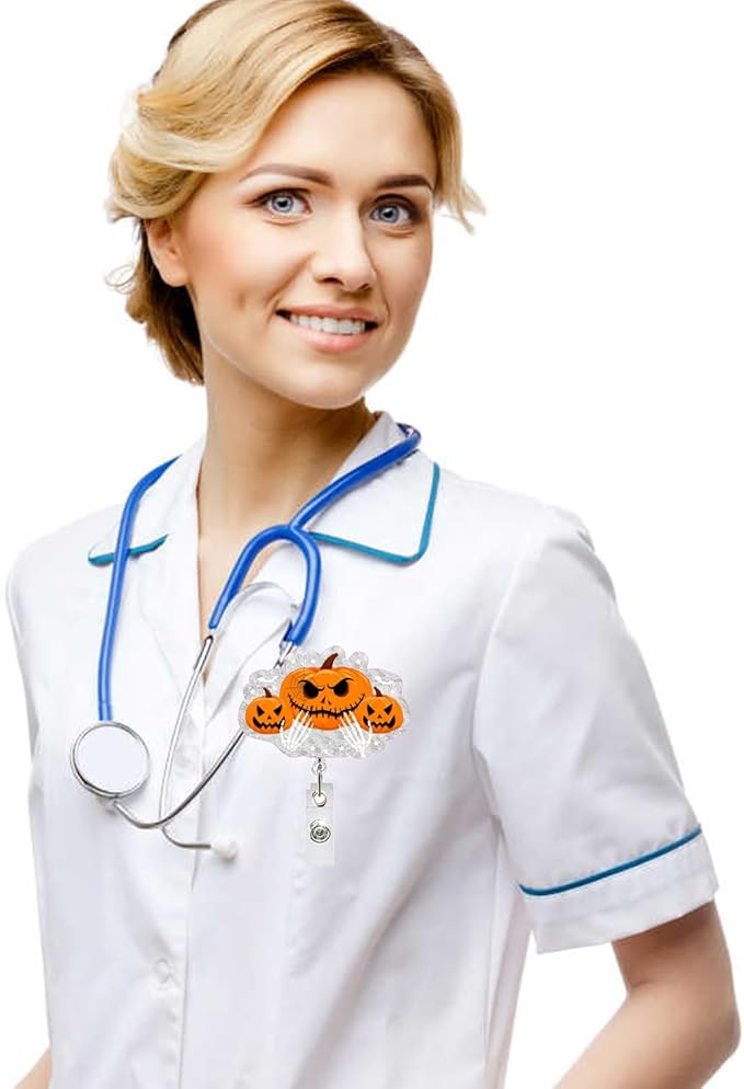 Halloween Pumpkin Badge Reel Cute Glitter Badge Holder Badge Clip Nurse Badge Reel Halloween Handbone Retractable Name Badge Name Tag Holder Nursing Student Social Worker Gift for Coworker