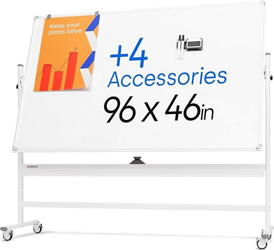 Rolling Dry Erase Board 96 x 46 - Large Portable Magnetic Whiteboard with Stand - Double Sided Easel Style Whiteboard with Wheels - Mobile Standing White Board for Office, Classroom & Home