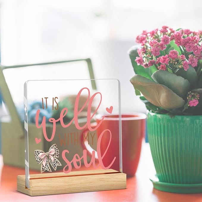 Leopard Print Bow Decor Preppy Coquette Gifts Inspirational Mental Health Awareness Positive Affirmation Sign Acrylic Sign Plaque Motivational Table Decorations for Home Kitchen