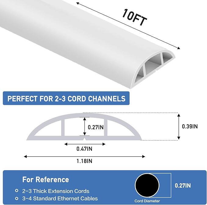 Floor Cord Cover Self Adhesive Cord Hider Floor Extension Cord Covers for Floor Power Cord Protector Cable Management Prevent Cable Trips Cable Cavity 0.47" W x 0.27" H (White, 10Ft)