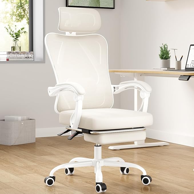 Farini Ergonomic Office Chair with Footrest, Mesh Office Desk Chair with Headrest, High Back Computer Chair with Adjustable Lumbar Support for Home Office Study Room Bedroom, White & Beige