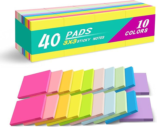 (40 Pads) Sticky Notes 3x3 in Post Bright Stickies Colorful Super Sticking Power Memo Pads, Strong Adhesive
