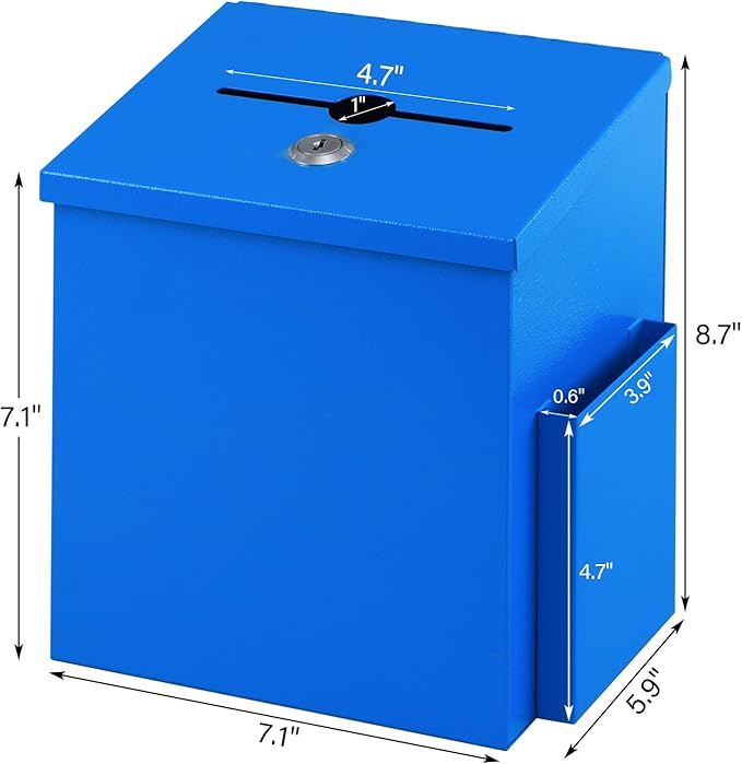 xydled Wall Mounted Ballot & Donation Box with 50 Suggestion Cards, Metal Suggestion Collection Box with Key Lock, Blue, 8.7"x 5.9"x7.1"