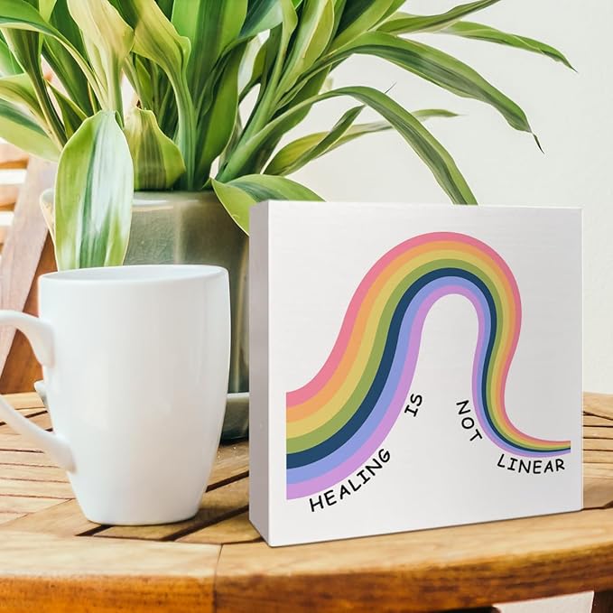 Therapy Office Desk Wooden Box Sign Decor, Mental Health Wood Box Sign Decorations for School Psychologist Therapy Office, Gifts for Therapist Psychologist School Counselor, Healing Is Not Linear