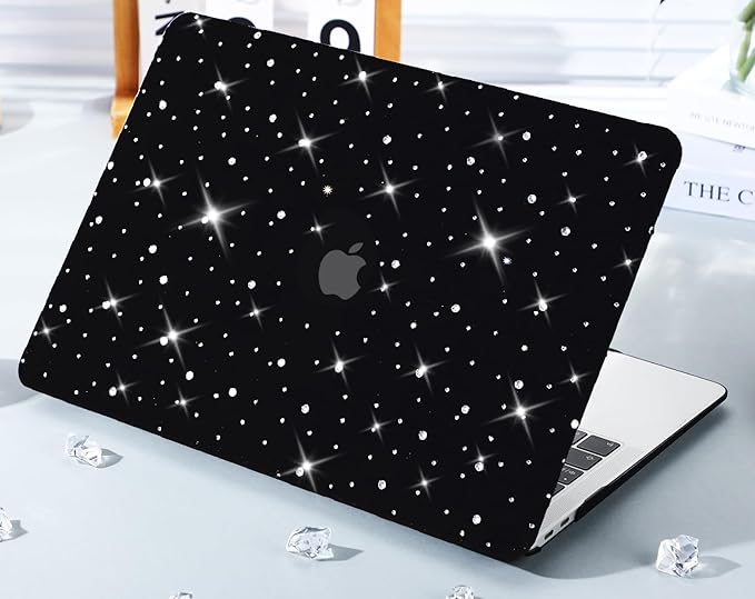 KEROM Glitter Case for MacBook Air 13 inch 2025-2022 M4 M3 M2 A3240 A3113 A2681, Luxury Bedazzled Shiny Bling Sparkle Textured PU Leather Hard Shell & Keyboard Cover for Mac Air 13.6 inch Case, Black