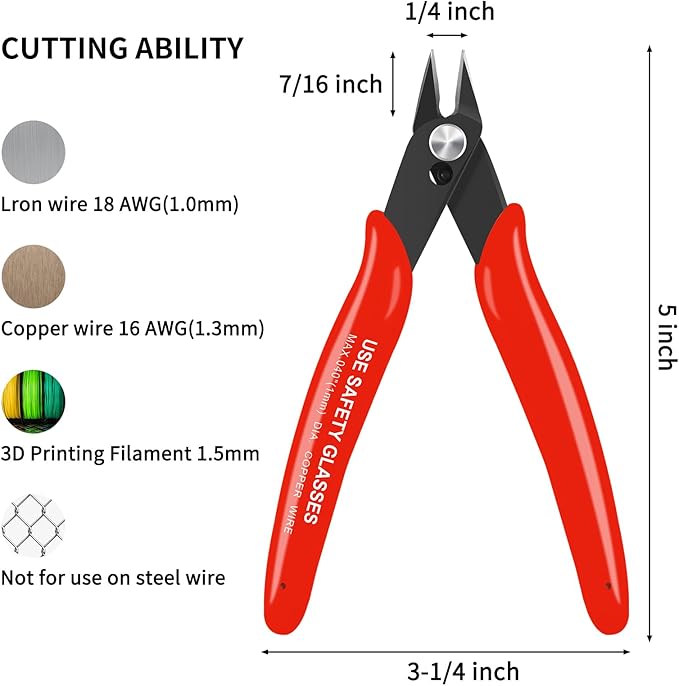 HongWay 5pcs Wire Cutters, Micro Flush Cutters with Spring, Wire Cutting Pliers, Wire Snips for Electronics Soft Copper Jewelry Making, 5-inches, Red