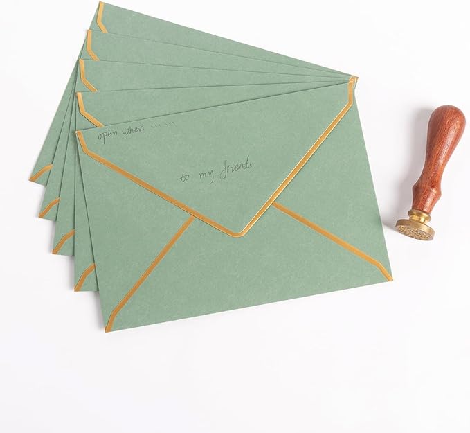 100 Pack A7 Envelopes 5 x 7 Card Envelopes V Flap with Gold Border for Office, Wedding Gift Cards, Invitations, Graduation, Baby Shower, Parties (Sage-Green, 5.32 x 7.28 Inches)