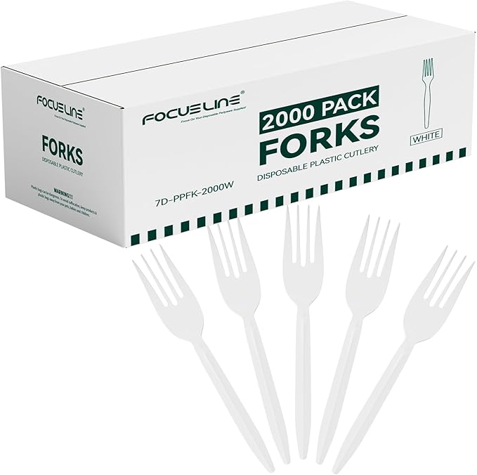 FOCUSLINE 2000 Pack White Plastic Forks Bulk, Heat Resistant Disposable Forks, Plastic Silverware for Take out Restaurants, Parties, Picnics, Travel & Any Events