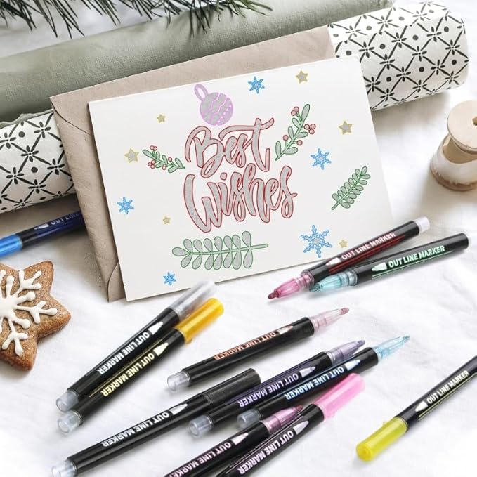 24 Outline Shimmer Markers Set for Christmas Stocking Stuffers ,Metallic Outline Marker for Teen Girl Gifts Trendy Stuff ,Glitter Pens for Christmas Gift for Teen Girls, Arts Crafts School Supplies