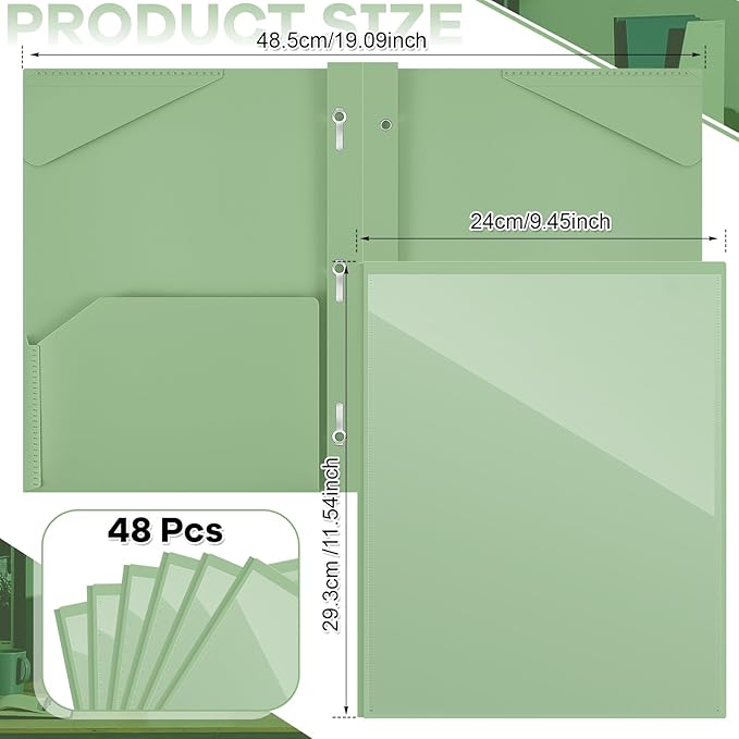 Henoyso 48 Pcs Plastic Folder with Clear Front Pocket and 3 Prongs Heavy Duty Plastic Folders with Card Slot Pocket Folders with Prongs for School Office Home(Sage Green)