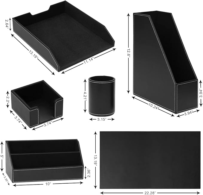 6 Piece Office Supplies/Desk Organizer Set with Desktop Leather Writing Pad,File Paper Tray,Magazine folder Holder, Pen Cup,Sticky Note Holder,Letter Mail Sorter,Workspace Decor for Women Men Black