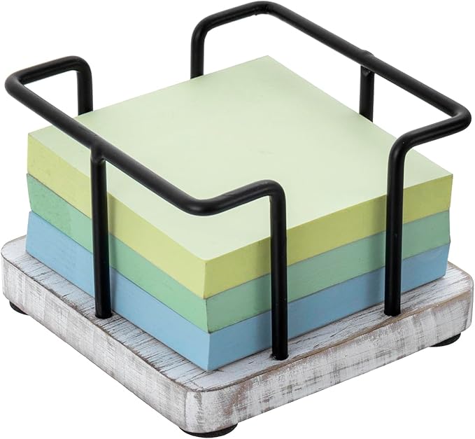 MyGift Shabby Whitewashed Solid Wood and Industrial Matte Black Metal Wire Sticky Note Cube Holder, Office Desktop Self Adhesive Memo Pad Storage Dispenser