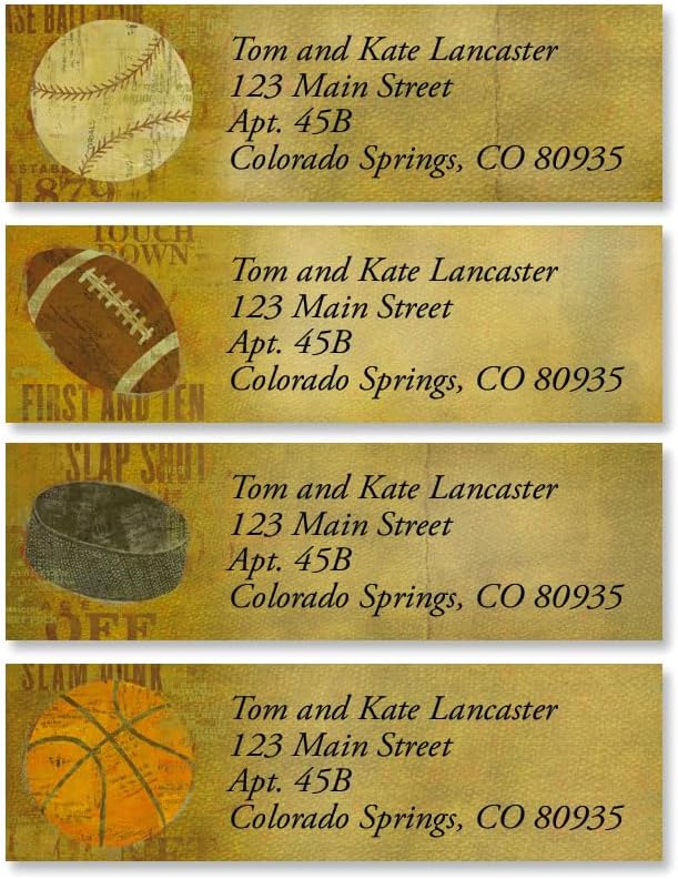 Sports Balls Small Return Address Labels (6 Designs) - Set of 240 2" x 5/8" Self-Adhesive, Baseball, Soccer, Basketball, Football, Hockey, Vollyball Flat-Sheet Labels