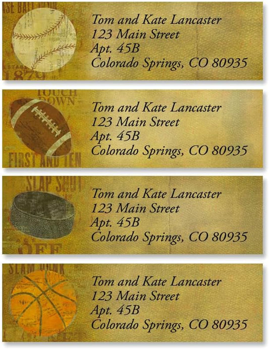 Sports Balls Small Return Address Labels (6 Designs) - Set of 240 2" x 5/8" Self-Adhesive, Baseball, Soccer, Basketball, Football, Hockey, Vollyball Flat-Sheet Labels