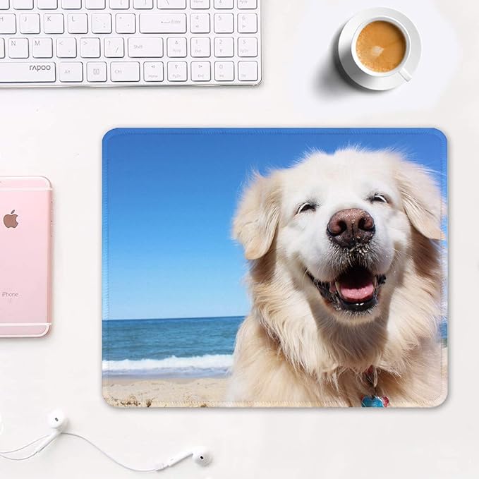 Auhoahsil Mouse Pad, 12 x 10 in Animals Theme Computer Mouse Pad for Desk, Premium-Textured Non-Slip Rubber Stitched Edges Waterproof Square Mouse Mat for Gaming Work Wireless Mice, Beach & Dog