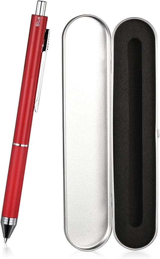 smttw 4 in1 Multi-Function Refillable & Retractable Ballpoint Pen + 0.5mm Mechanical Pencil, Fine Point, Red Metal Barrel, Black/Red/Blue Inks, Multicolor Pen With Metal Gift Box