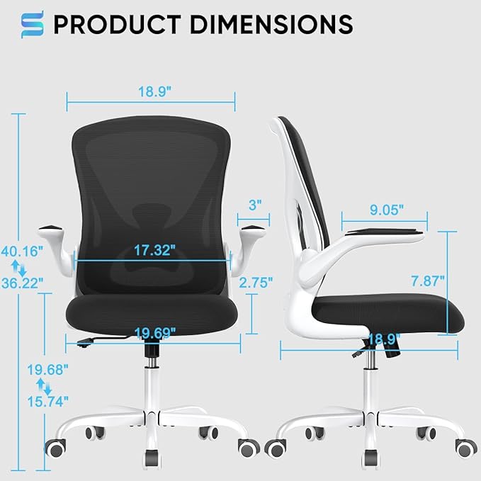 Sytas Ergonomic Desk Chair with Padded Flip up Arms and Supportive Lumbar Support, Breathable Mesh Home Office Chair with Comfortable Cushion for Home or Office(White)