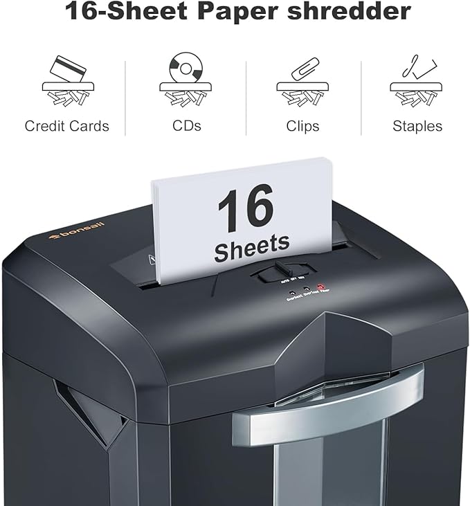 Bonsaii 16-Sheet Microcut Paper Shredder, 60-Minute Home Office Heavy Duty Shredder for CD/Credit Card, P-4 Level with 6-Gal Pullout Bin (C149-D)