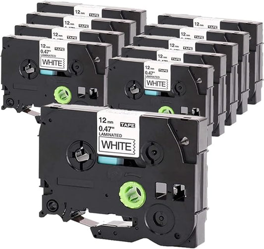 Label Tape Compatible with Brother Tze-231, 12mm 0.47" Black on White Laminated Tape for P-Touch Label Maker PT-D210 D220 H110 D410 P710BT H111 1070, 10 Pack