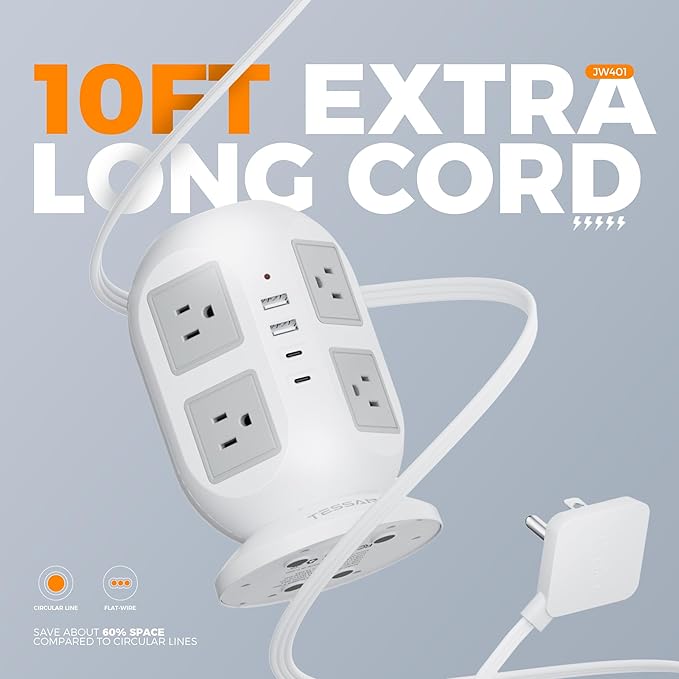 Tower Power Strip, Surge Protector 10 FT Cord, TESSAN Flat Plug Extension Cord with Multiple Outlets, 8 AC Outlets with 4 USB Ports (2 USB C), Charging Station with Surge Protection, for Office Dorm