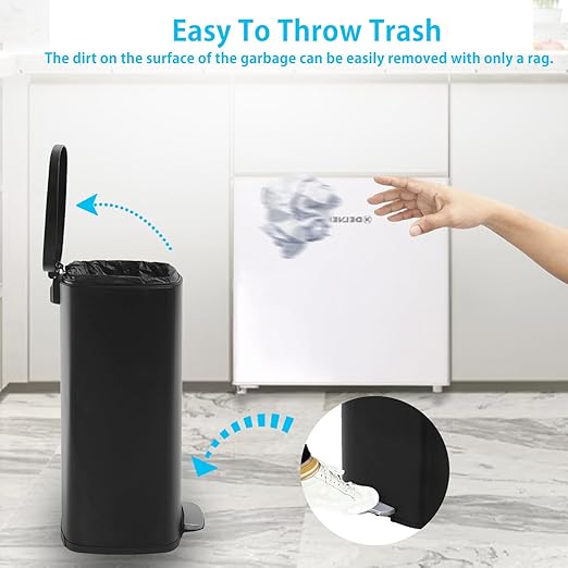 PayLessHere Stainless Steel Trash Can with Lid - Removable Inner Bucket, Foot Pedal Soft Close for Office, Home, Kitchen Garbage Bin (Black, 13 G)