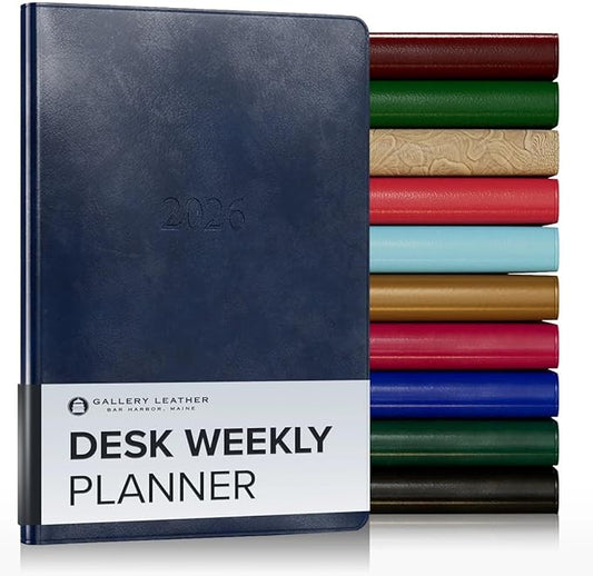 Gallery Leather Desk Weekly Monthly Planner 2025-2026, Elegantly Bound Calendar Planner and Notebook with Stylish Gold-Gilded Page Edges, 12 Months - Acadia Navy - 8 x 5.5 "