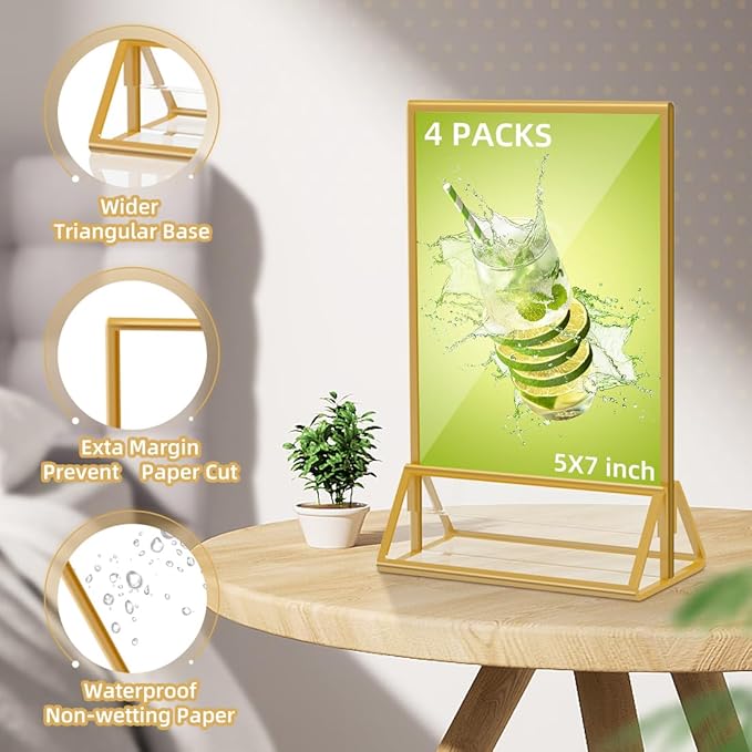 Acrylic Sign Holder 5X7 Gold Picture Frame,Double Sided Clear Display Stand , Table Acrylic Stand for Home Office Shop Restaurant (4pcs)