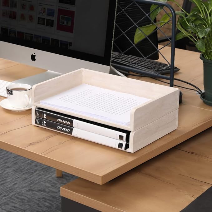 Stackable Letter Tray 2 Pack - Wood Desk File Trays Letter/A4 Paper Organizer Shelf - Wooden Document Shelf Desktop Folder Rack Organization for Office Storage White(2CTP-WH)