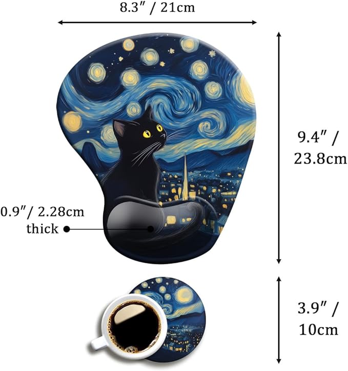 Ergonomic Mouse Pad with Wrist Support,Mouse Pad with Wrist Rest and Coaster Set,Office Supplies Non-Slip Mouse Pads for Desk, Non-Slip Comfortable,Cute Black Cat
