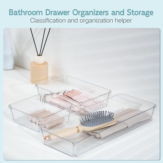 9 Pack Large Clear Plastic Drawer Organizer Trays, Desk Drawer Organizers and Storage Dividers, Non-Slip Storage Bins for Jewelry, Snacks, Office, Bathroom, Bedroom and Kitchen