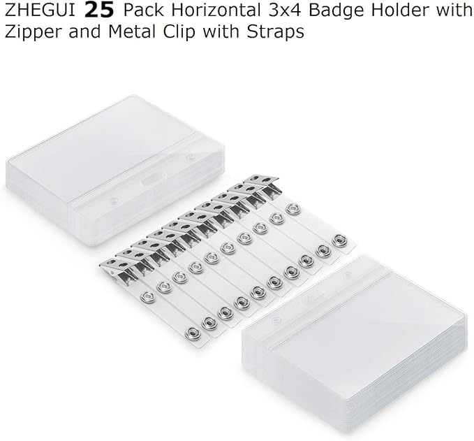 Clear Plastic Horizontal Name Tag Holders and Metal Badge Clips with Vinyl Straps Waterproof PVC ID Card Badge Holder 3x4 Inch(25 Pack, Horizontal Large 3x4)