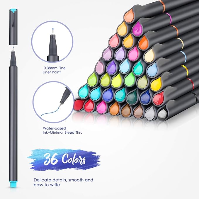 iBayam School Supplies Gifts for Teacher Student Teens Boys Girls Writing Drawing, Back to School Supplies, Colored Pens for Journaling Note Taking, 36 Vibrant Colors, 0.38mm Fine Tip Markers