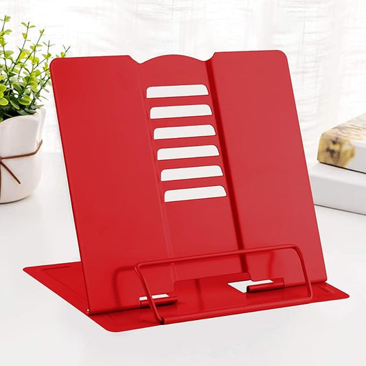 MSDADA Desk Book Stand Metal Reading Rest Book Holder Adjustable Cookbook Documents Holder Portable Sturdy Bookstands for Recipes Textbooks Tablet Music Books with Page Clips (Red)