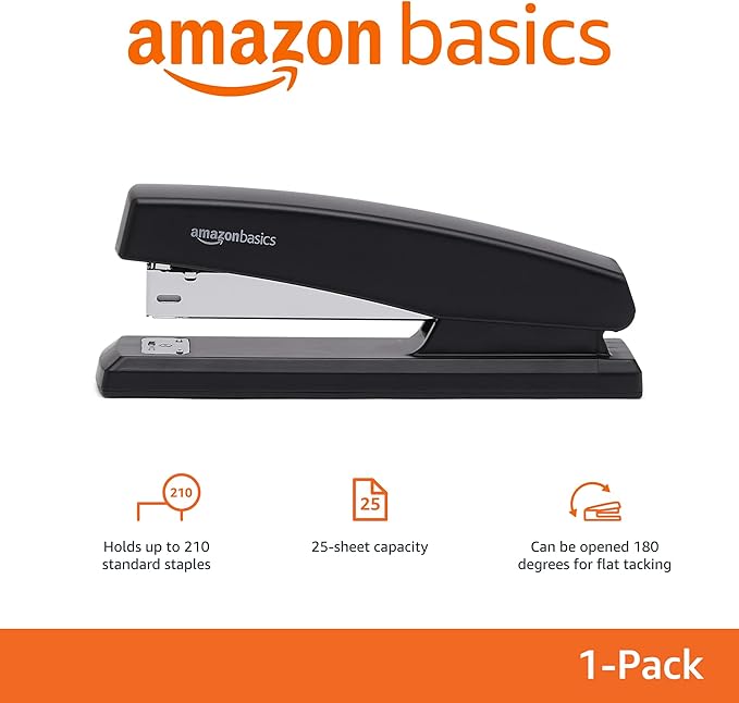 Amazon Basics Stapler with 1000 Staples, Office Stapler, 25 Sheet Capacity, Non-Slip, Black