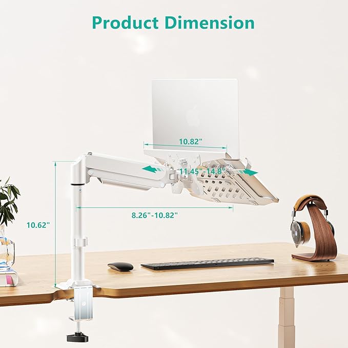 WALI Laptop Tray Desk Mount, Laptop Arm Mount Fits 10-15.6 Inch Notebook, 2-in-1 Gas Spring Monitor Arm for 17-32 Inch Computer Screen, Holds up to 22lbs(GSDM00LPW), White