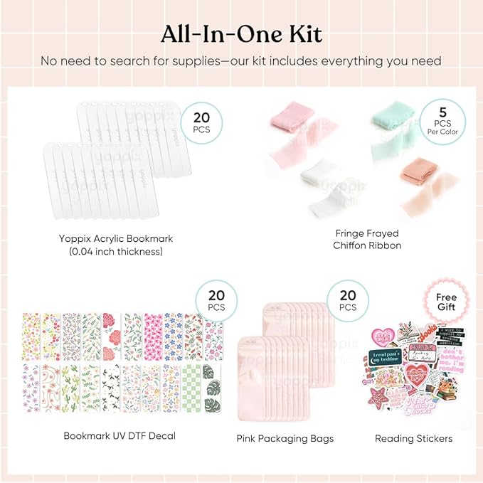6x2” Acrylic Bookmark Blanks- 20 Set Bookmark Making Kit with 20 UV DTF Stickers About Flower Theme 20 Ribbon 80 Bookish Stickers for DIY Your Crafts Gift for Book Lover