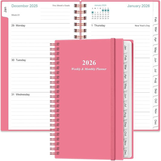 2026 Pocket Planner/Calendar - 2026 Planner from January 2026 - December 2026, Planner 2026 with 12 Tabs, Twin-Wire Binding, Inner Pocket, 3.75" x 6.75, Pink