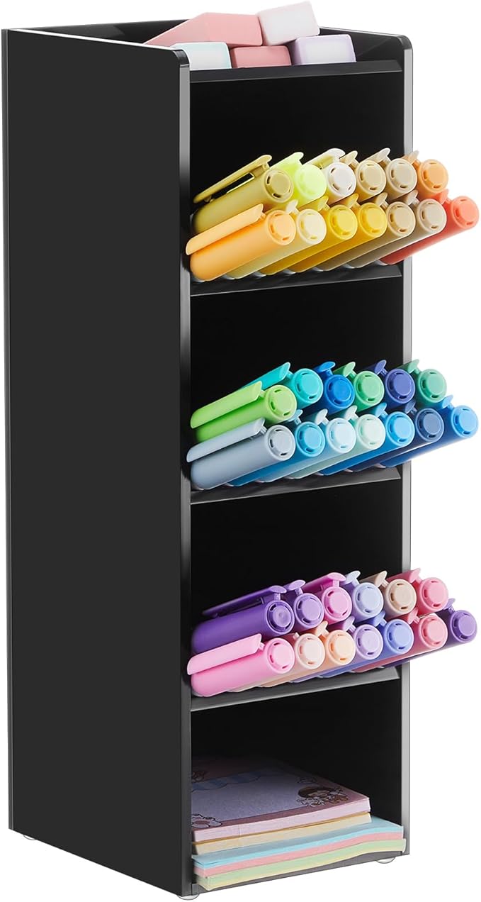 Acrylic Pen Organizer Storage for 50 Markers Vertical Marker Organizer Acrylic Pen Display Holder for Office Desk Desktop Stationery Pencil Storage, Black, 3.4 x 4 x 10.2 Inch