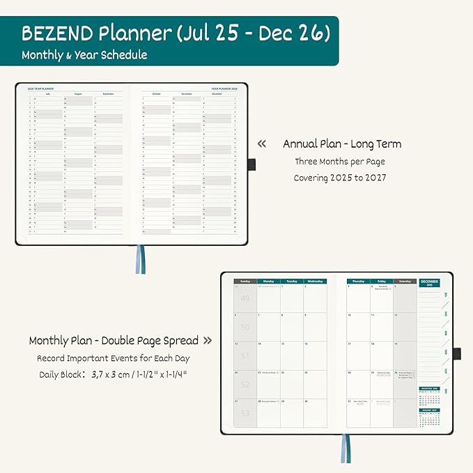BEZEND 2026 Planner Weekly and Monthly (6" x 8.5"), 2-Column Calendar Book (Jul 25-Dec 26), Dual Schedule for Daily Appointment, Inner Pocket & Tabs, PU Leather Hardcover - Mustard