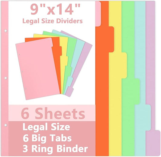 6 Sheets 9x14 Inch Legal Size Tabbed Dividers 3 Ring Binder Legal Binder Dividers 6 Colors Legal Index Tab Dividers Legal Exhibit Dividers File Separators with 2 Blank Card Stock for Office Document